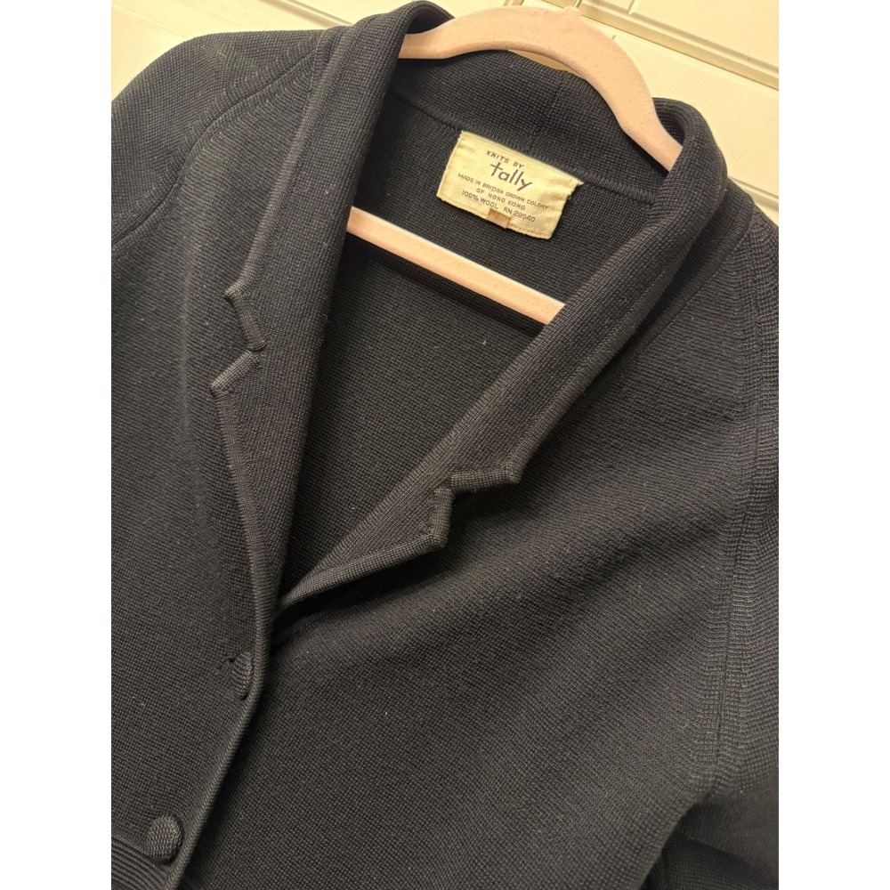 Knits by Tally Vintage Black 100% Wool Cardigan Blazer Sweater Hong Kong Size 12